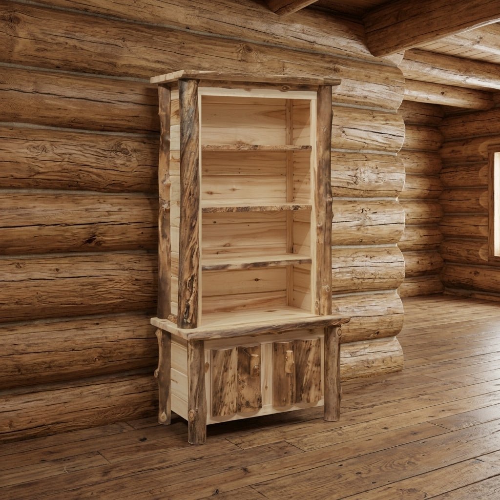 A rustic three-tier wooden bookcase with an open top and lower cabinet doors, shown inside a log cabin room with matching wood walls and floor.