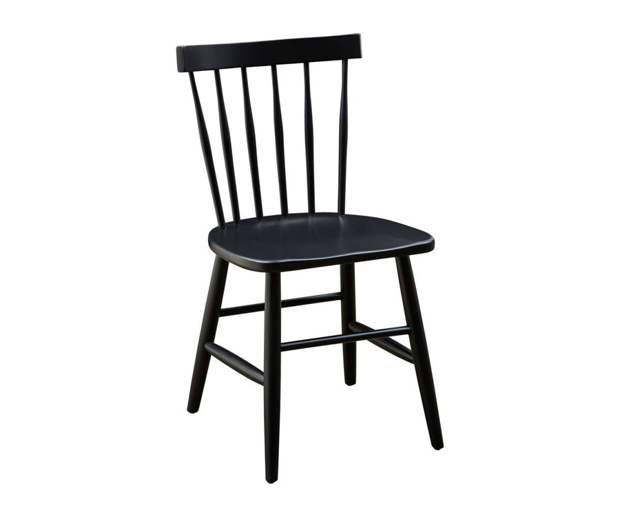 Black painted Windsor dining chair with five back spindles, saddle seat and turned splayed legs