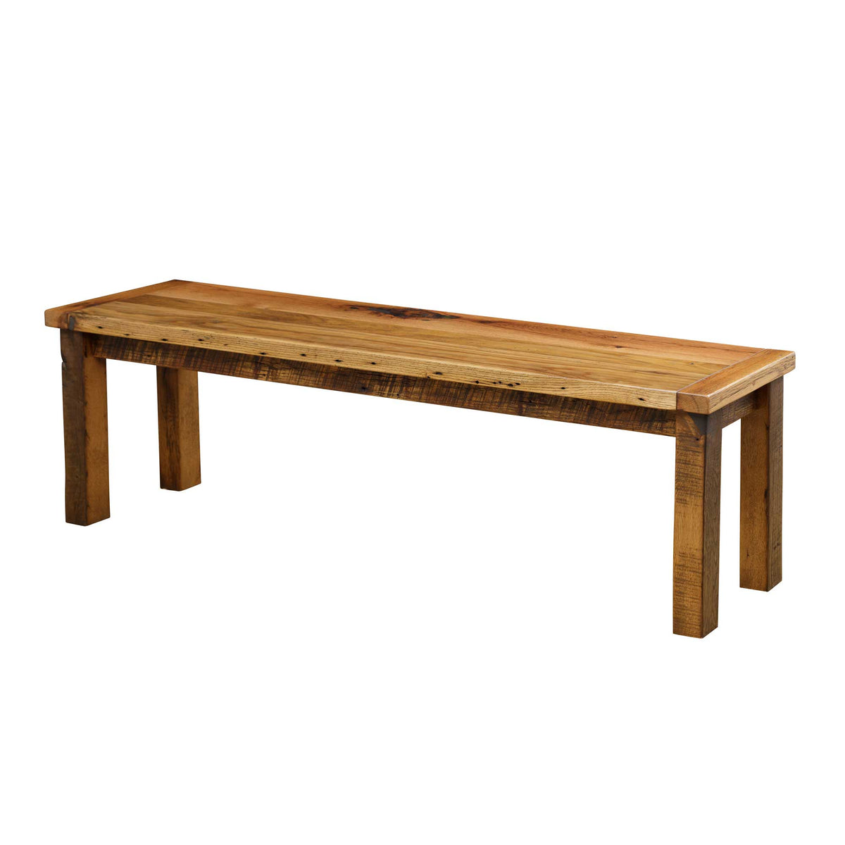 Reclaimed barnwood dining bench with a smooth honey stained top and thick square rustic legs