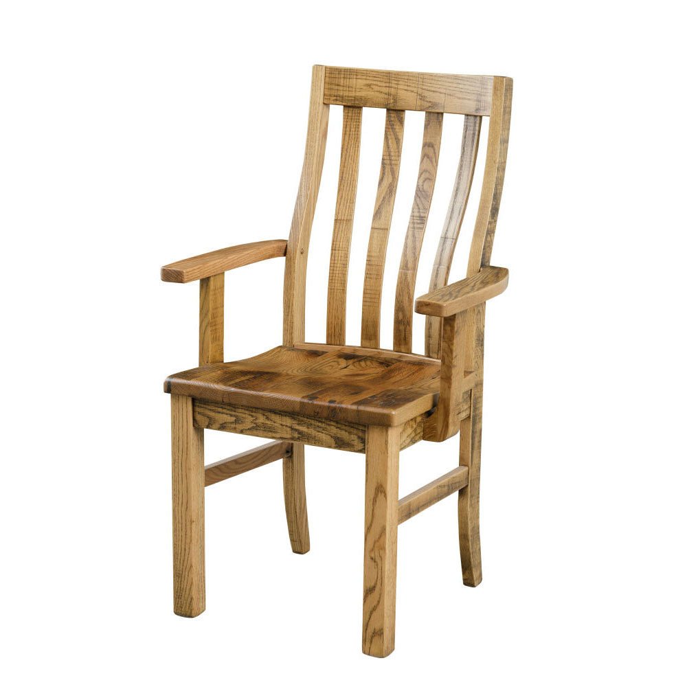 Reclaimed oak dining arm chair with curved slats, shaped arms and a contoured saddle seat on white