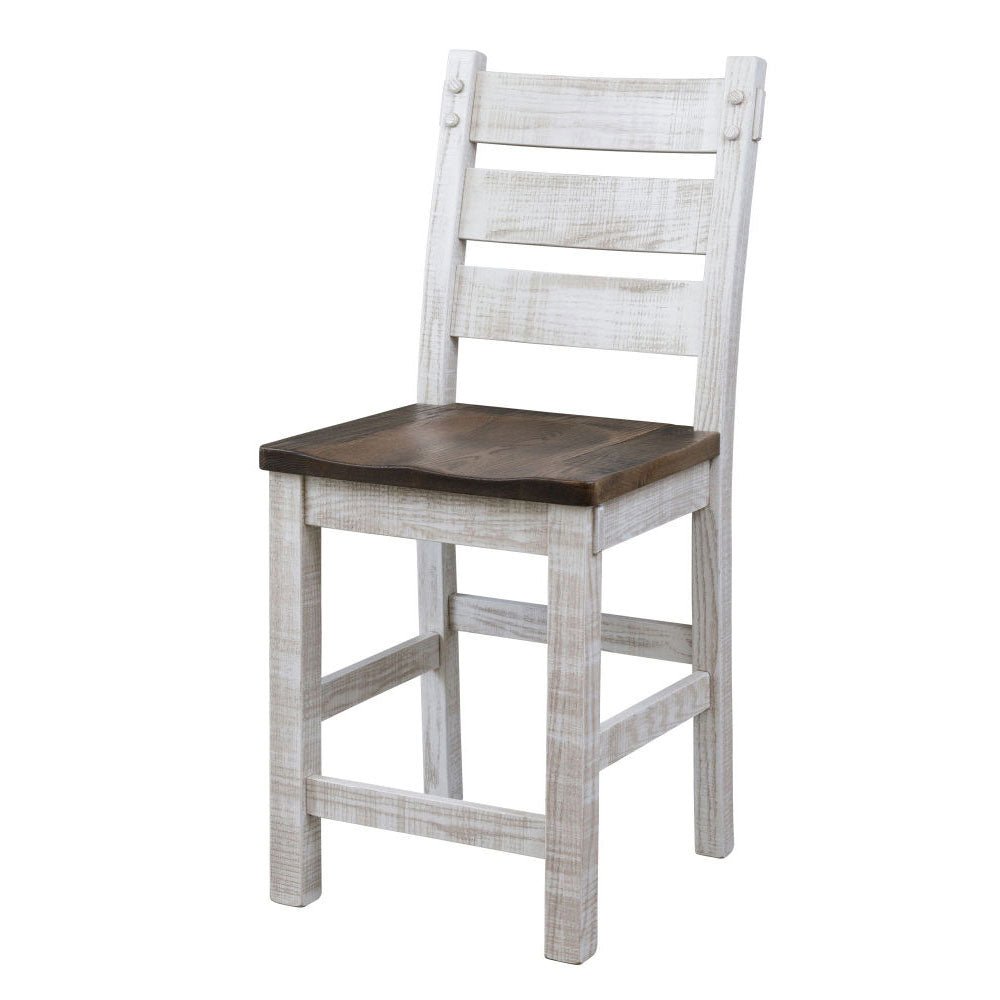 Distressed white counter stool with a ladder back, peg accents and a dark stained scooped seat