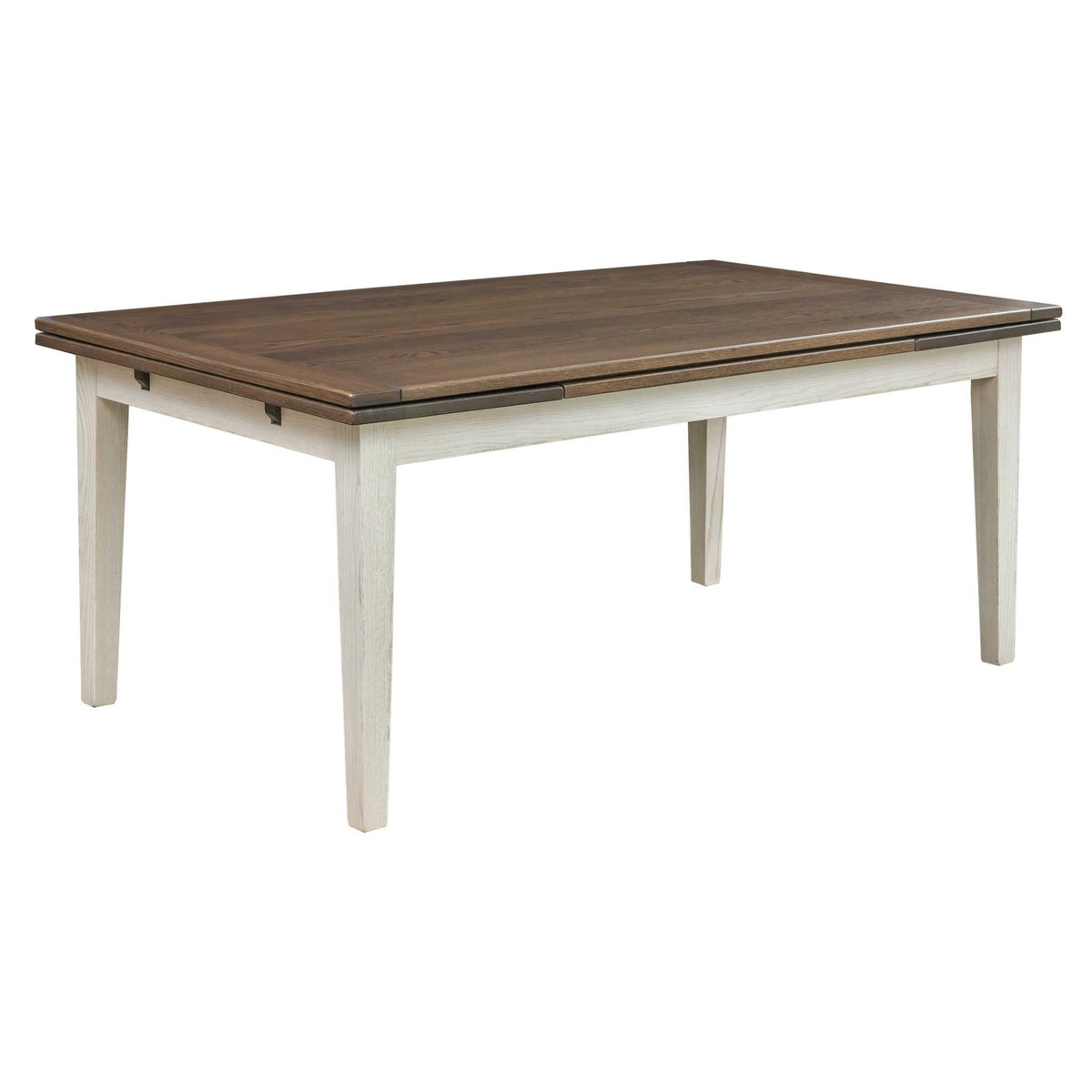 Two-tone draw leaf dining table with a walnut brown top and off-white base with tapered legs, white background