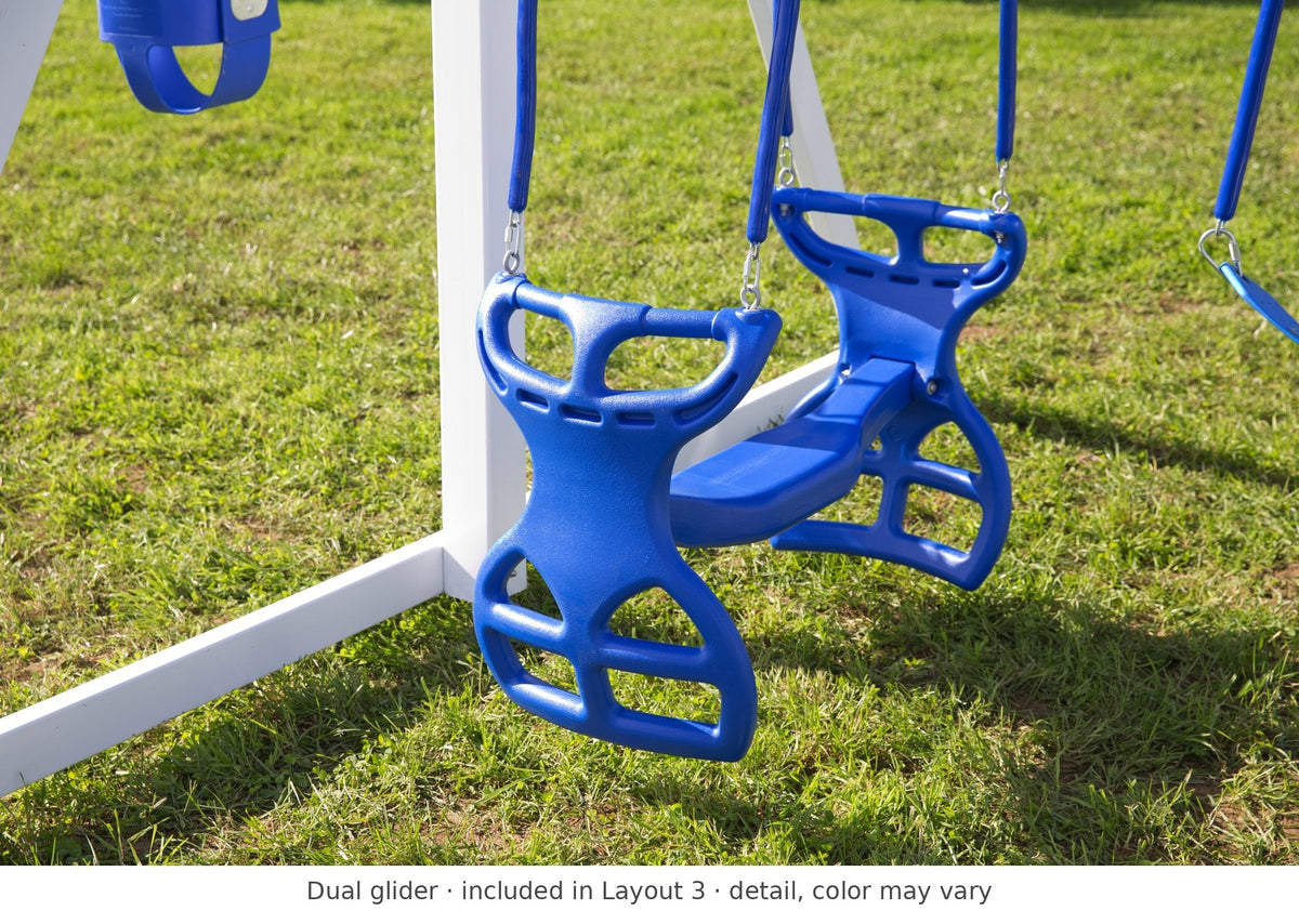 Dual glider detail – included in Layout 3 of the Rainier Vinyl Playset & Swing Set Kit