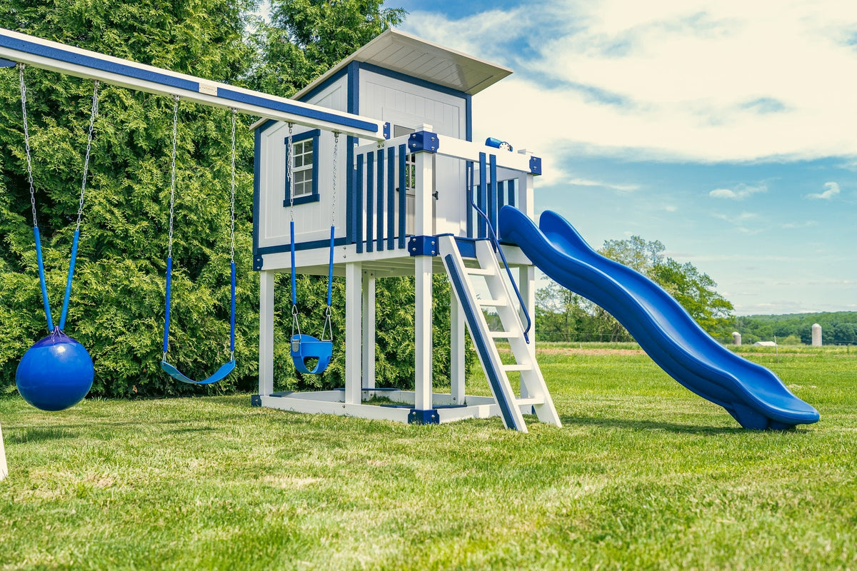 Rainier Vinyl Playset & Swing Set Kit – real-world photo (configuration and colors may differ from the layouts offered)