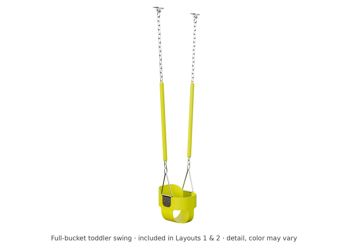 Full-bucket toddler swing detail – included in Layouts 1 & 2 of the Rainier Vinyl Playset & Swing Set Kit