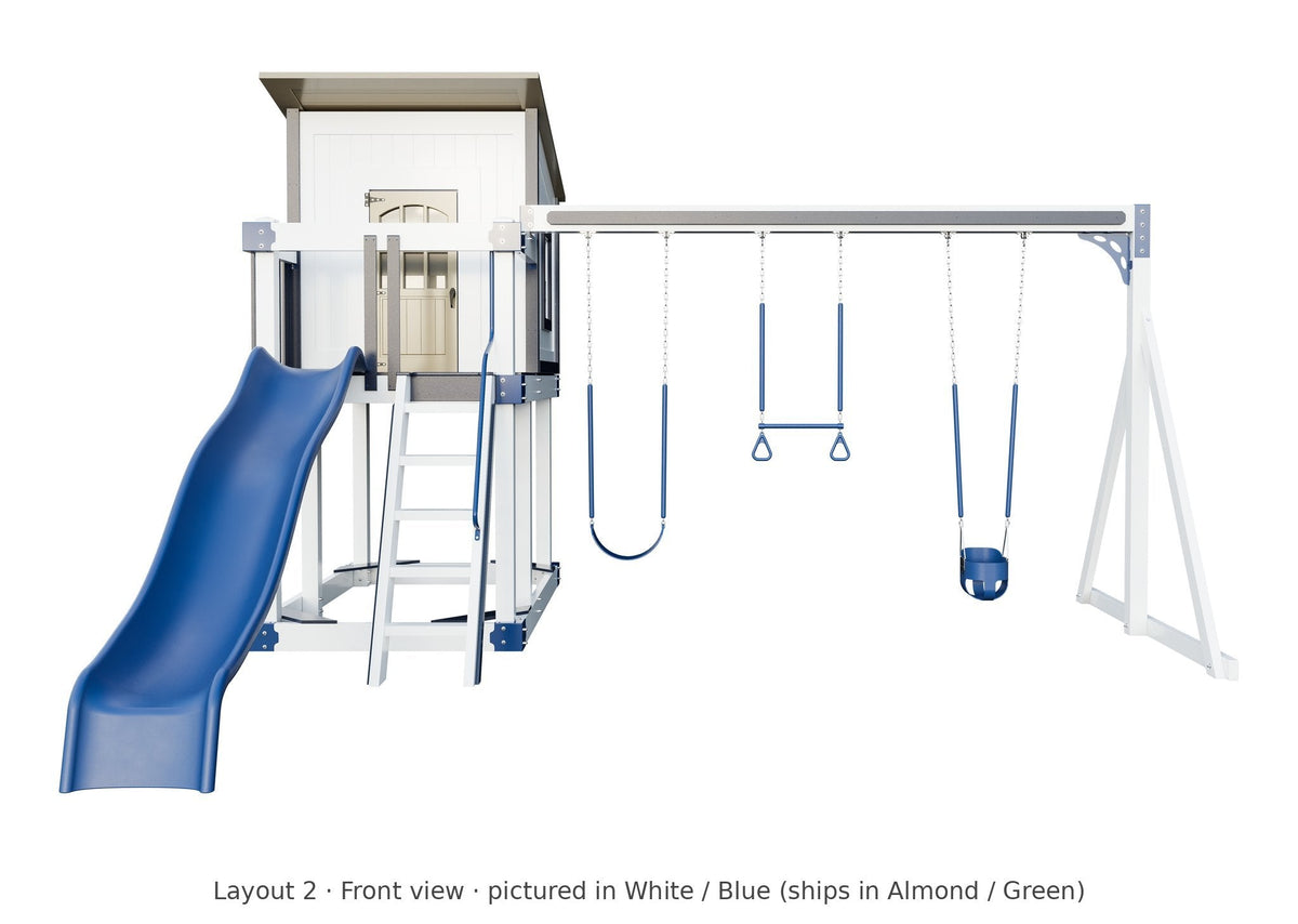 Amish Rainier Vinyl Playset & Swing Set Kit – Layout 2, front view (shown in White with Blue accents)