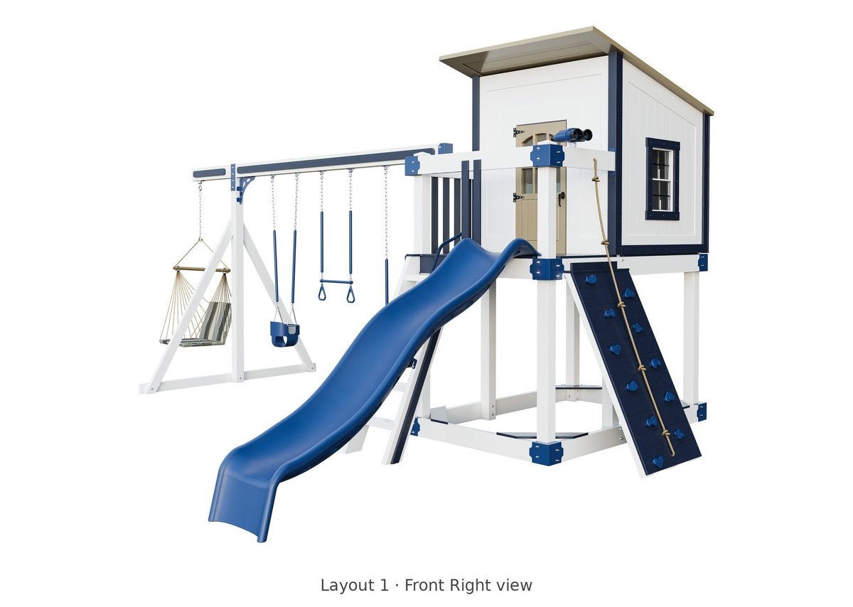 Amish Rainier Vinyl Playset & Swing Set Kit – Layout 1, front right view
