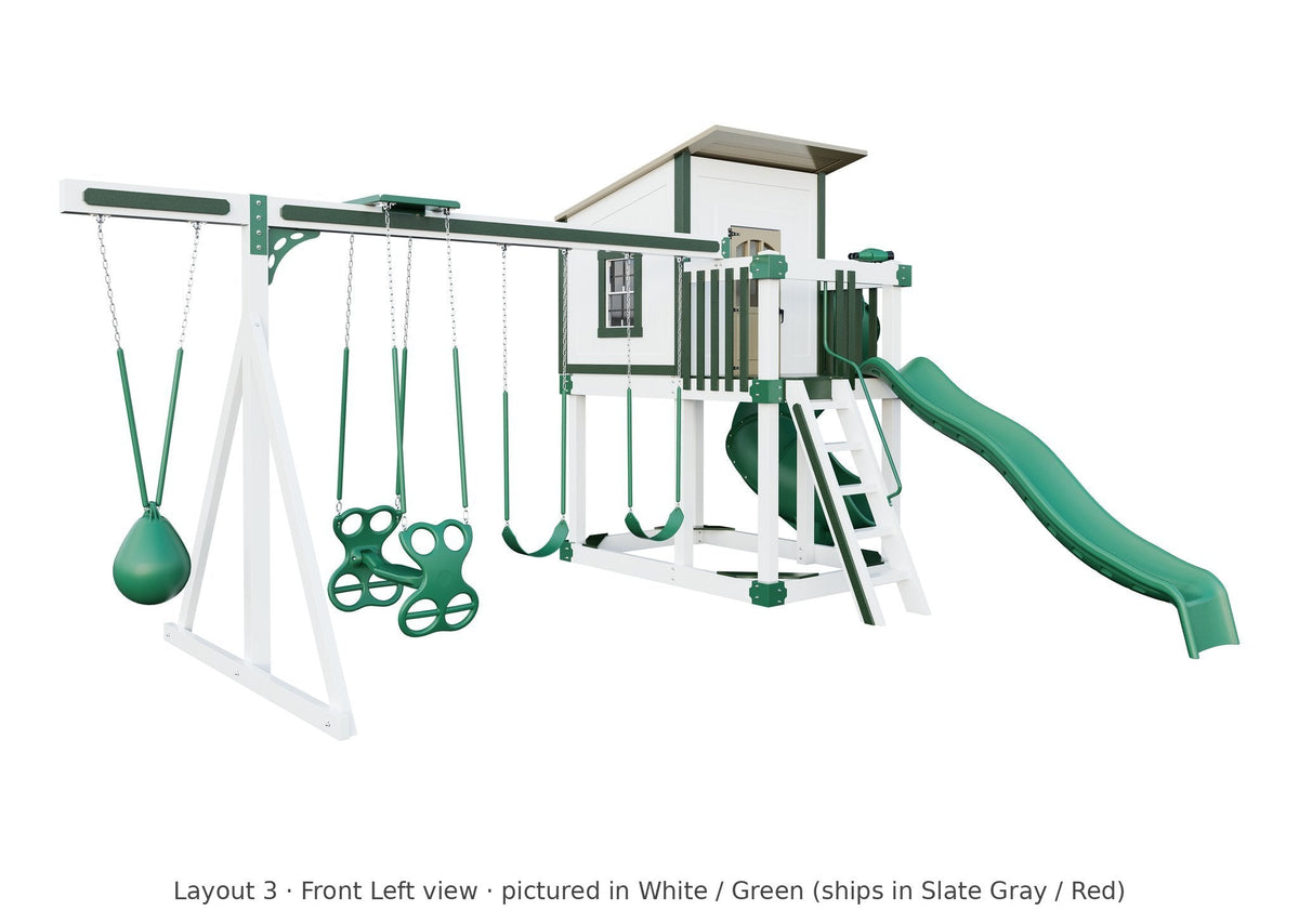 Amish Rainier Vinyl Playset & Swing Set Kit – Layout 3, front left view (shown in White with Green accents)