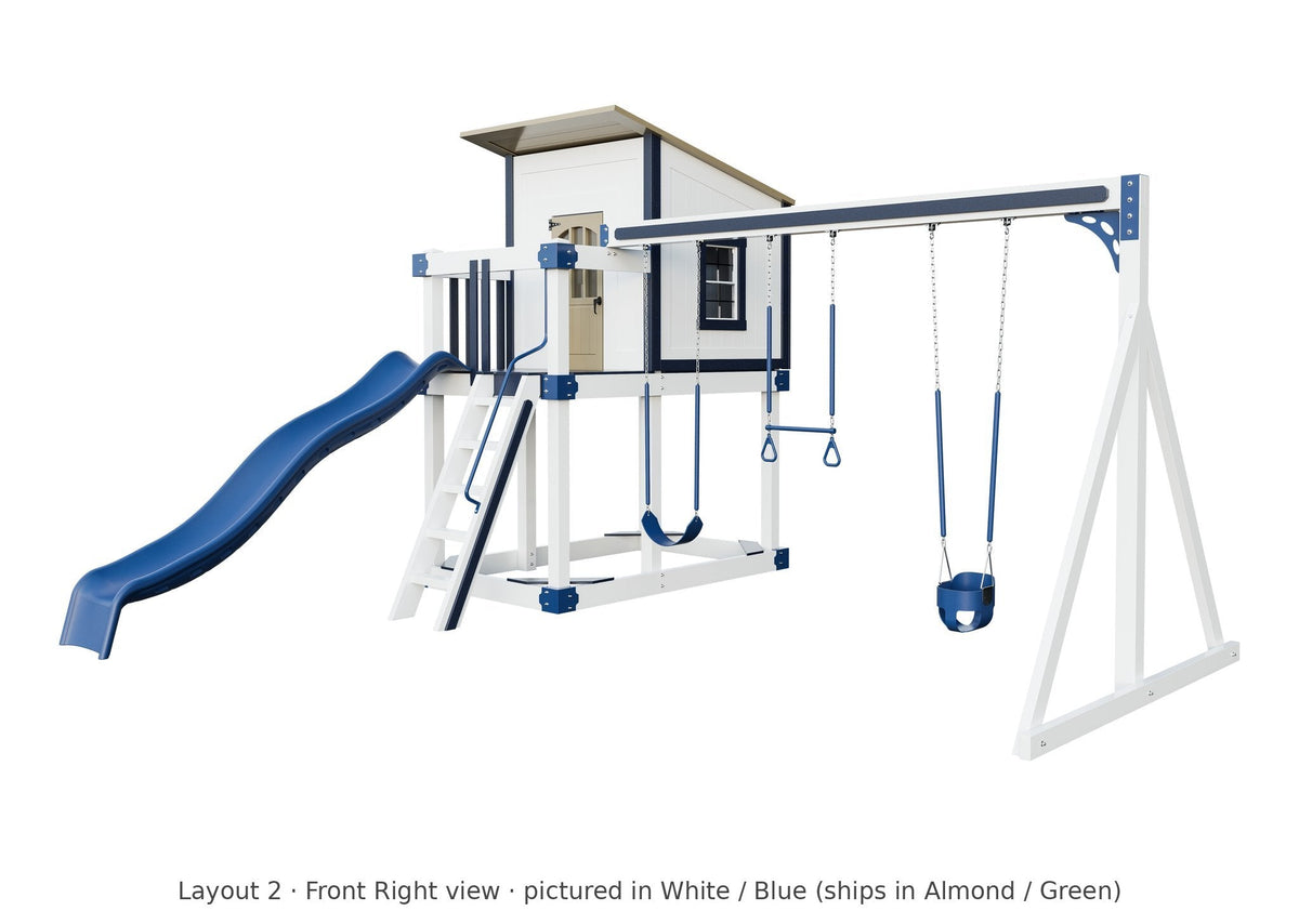 Amish Rainier Vinyl Playset & Swing Set Kit – Layout 2, front right view (shown in White with Blue accents)
