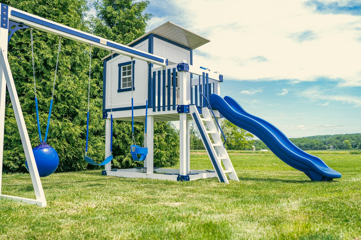 Rainier Vinyl Playset & Swing Set Kit – real-world photo (configuration and colors may differ from the layouts offered)