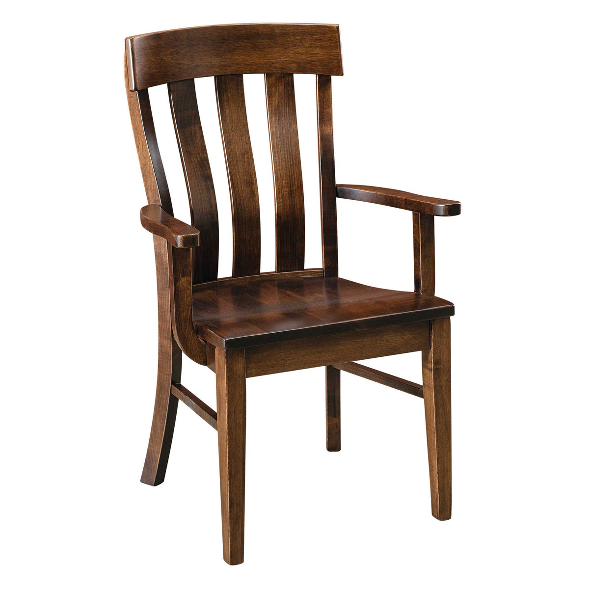 Solid brown maple dining arm chair with three curved back slats, shaped flat arms and a scooped wood seat on a white background