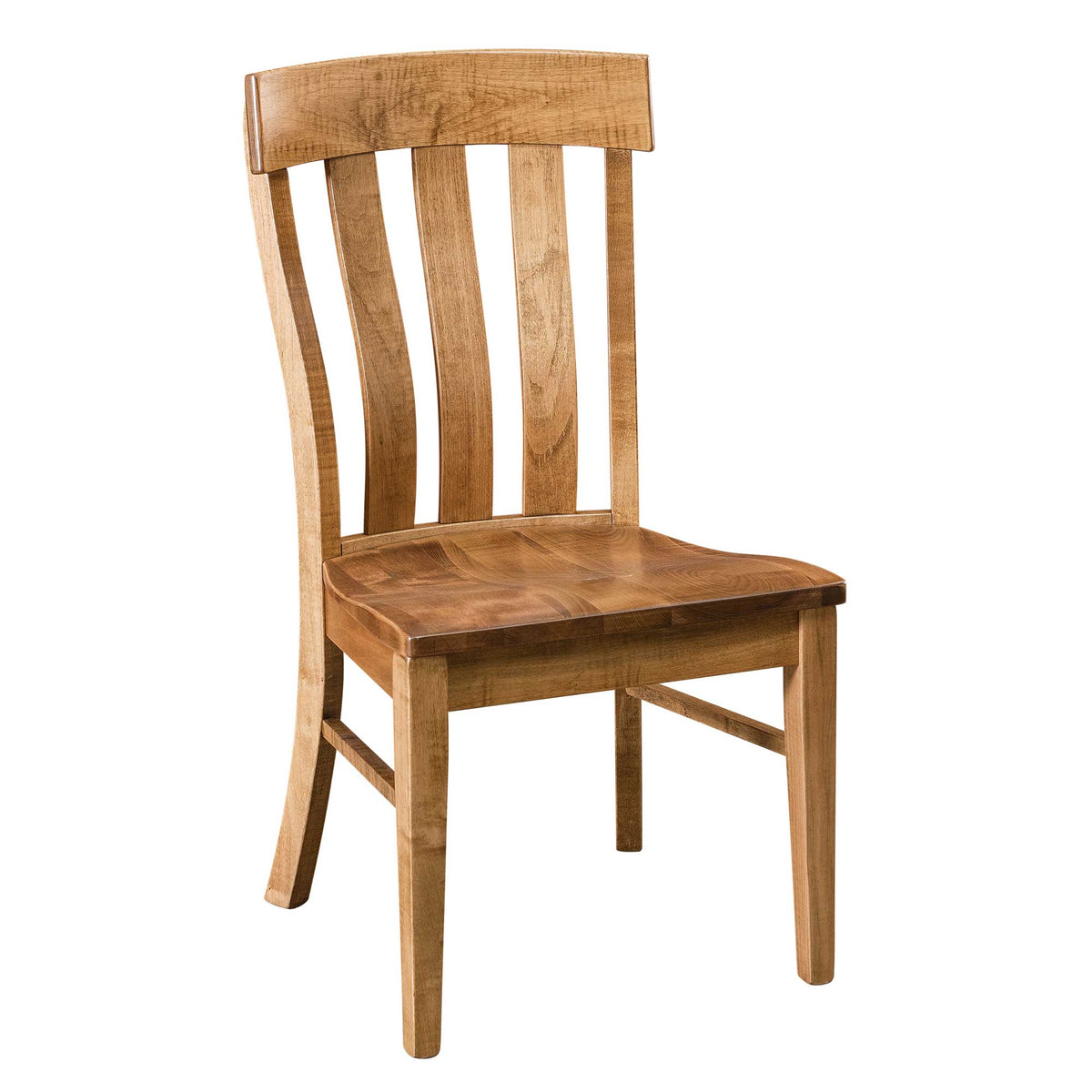 Light natural maple dining chair with a curved crest rail, three vertical back slats, contoured seat and tapered legs on a white background
