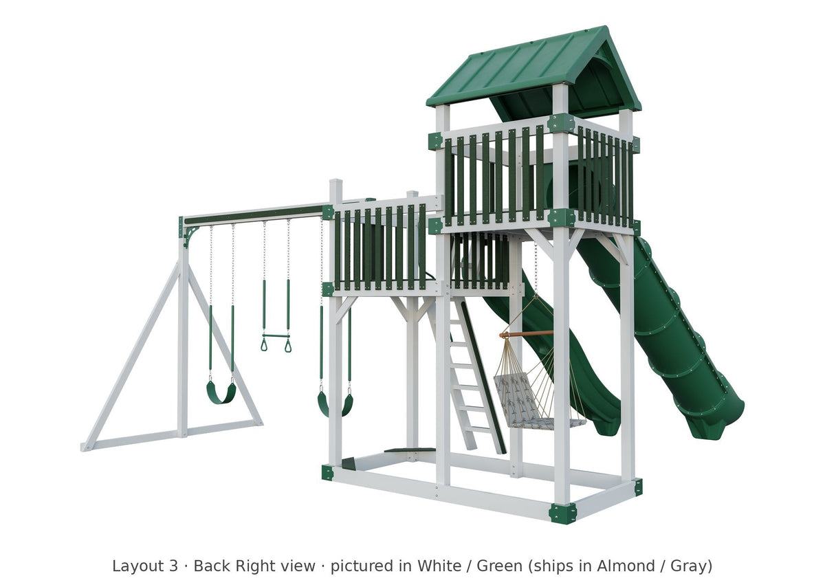 Amish Rambler Peak Vinyl Playset & Swing Set Kit – Layout 3, back right view (shown in White with Green accents)