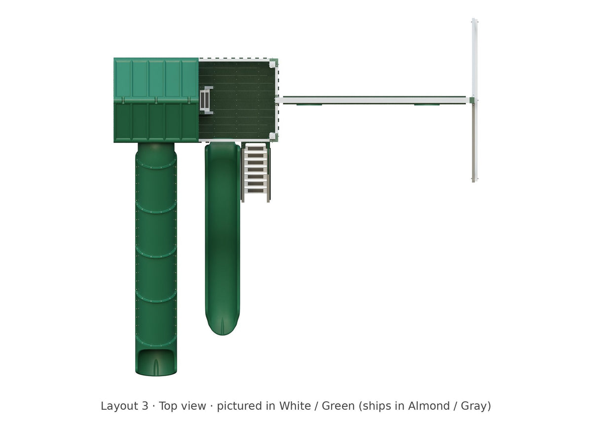 Amish Rambler Peak Vinyl Playset & Swing Set Kit – Layout 3, top view (shown in White with Green accents)