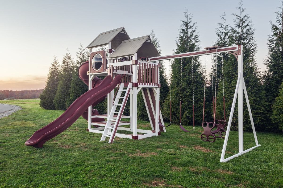 Rambler Peak Vinyl Playset & Swing Set Kit – real-world photo (configuration and colors may differ from the layouts offered)