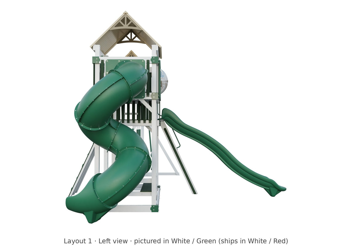 Amish Rambler Peak Vinyl Playset & Swing Set Kit – Layout 1, left view (shown in White with Green accents)