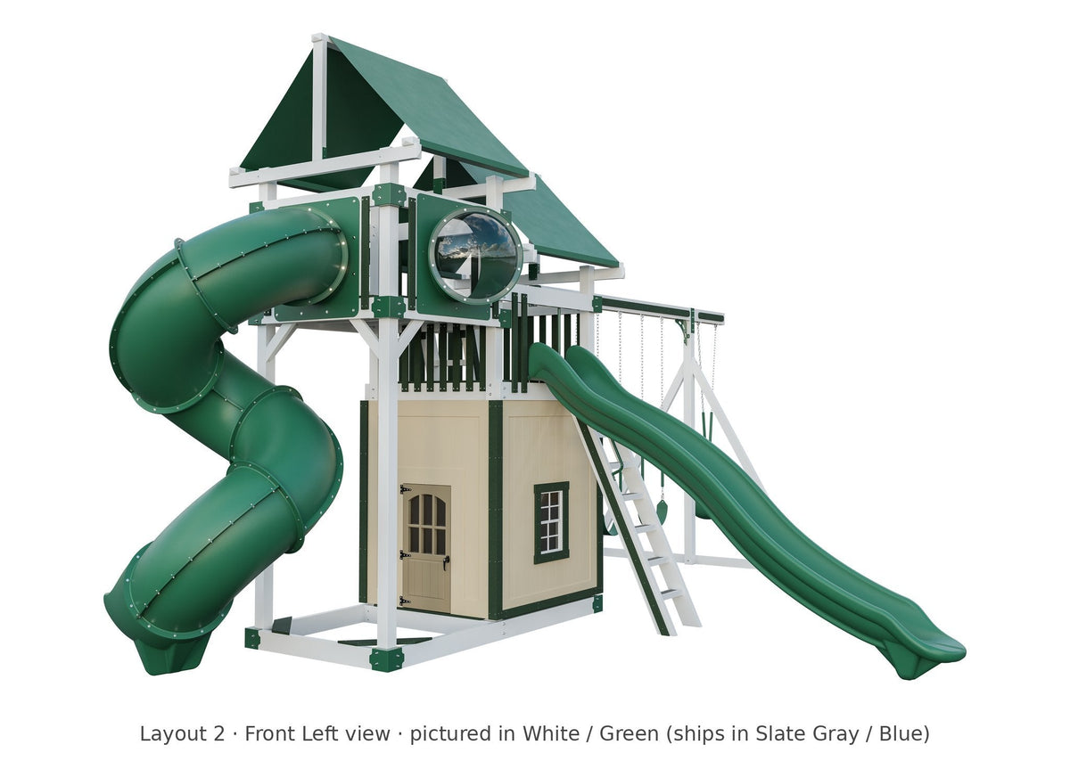 Amish Rambler Peak Vinyl Playset & Swing Set Kit – Layout 2, front left view (shown in White with Green accents)