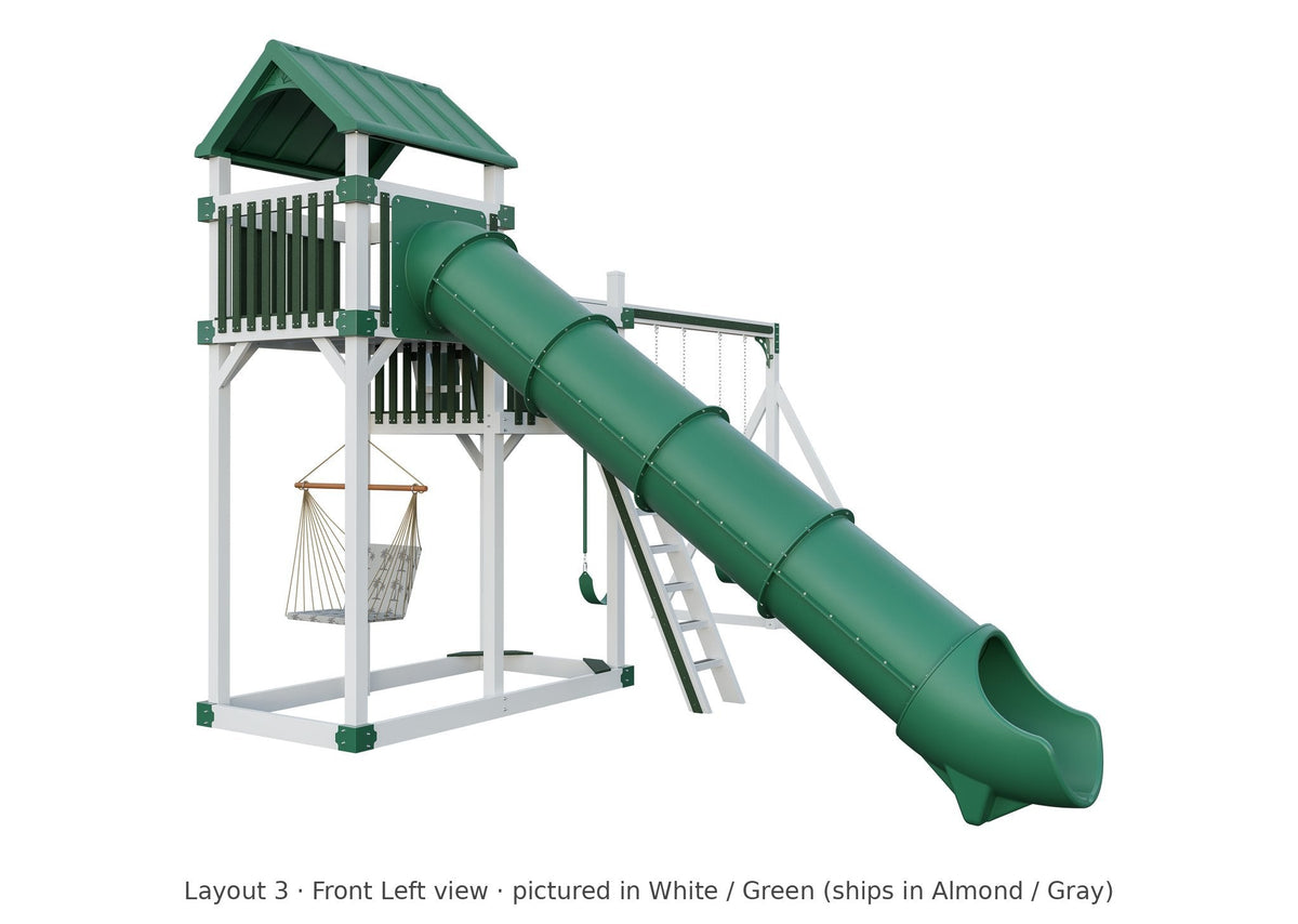 Amish Rambler Peak Vinyl Playset & Swing Set Kit – Layout 3, front left view (shown in White with Green accents)