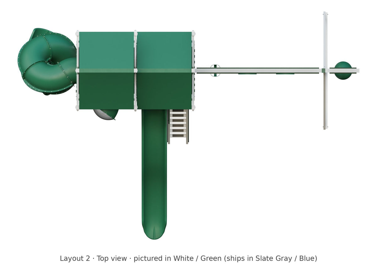 Amish Rambler Peak Vinyl Playset & Swing Set Kit – Layout 2, top view (shown in White with Green accents)