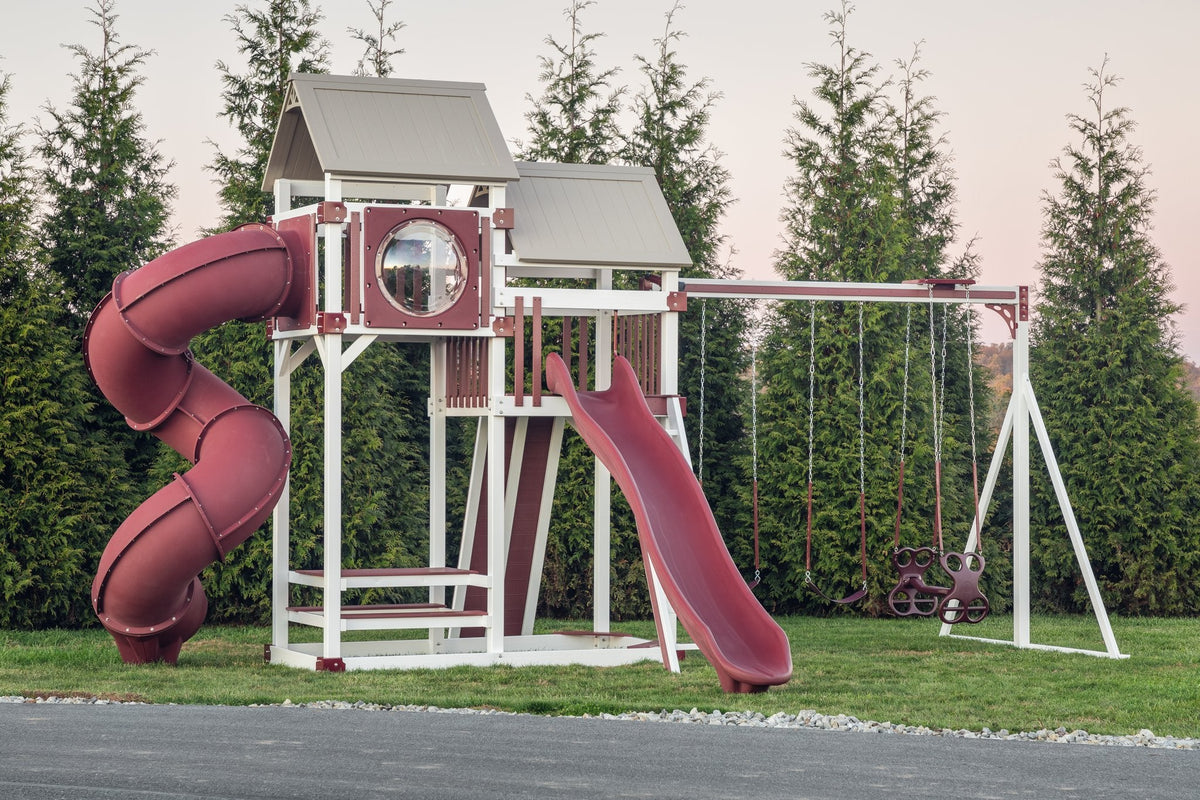 Rambler Peak Vinyl Playset & Swing Set Kit – real-world photo (configuration and colors may differ from the layouts offered)