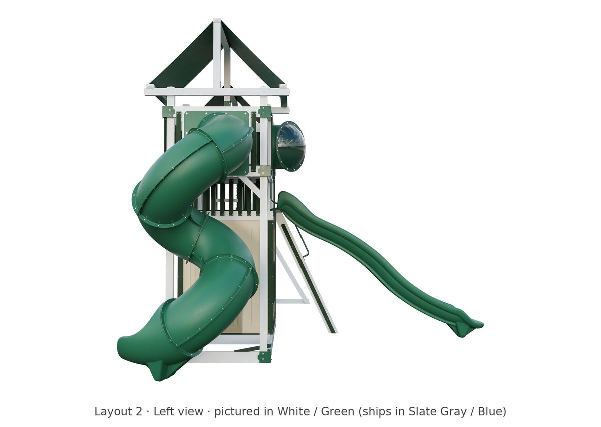 Amish Rambler Peak Vinyl Playset & Swing Set Kit – Layout 2, left view (shown in White with Green accents)