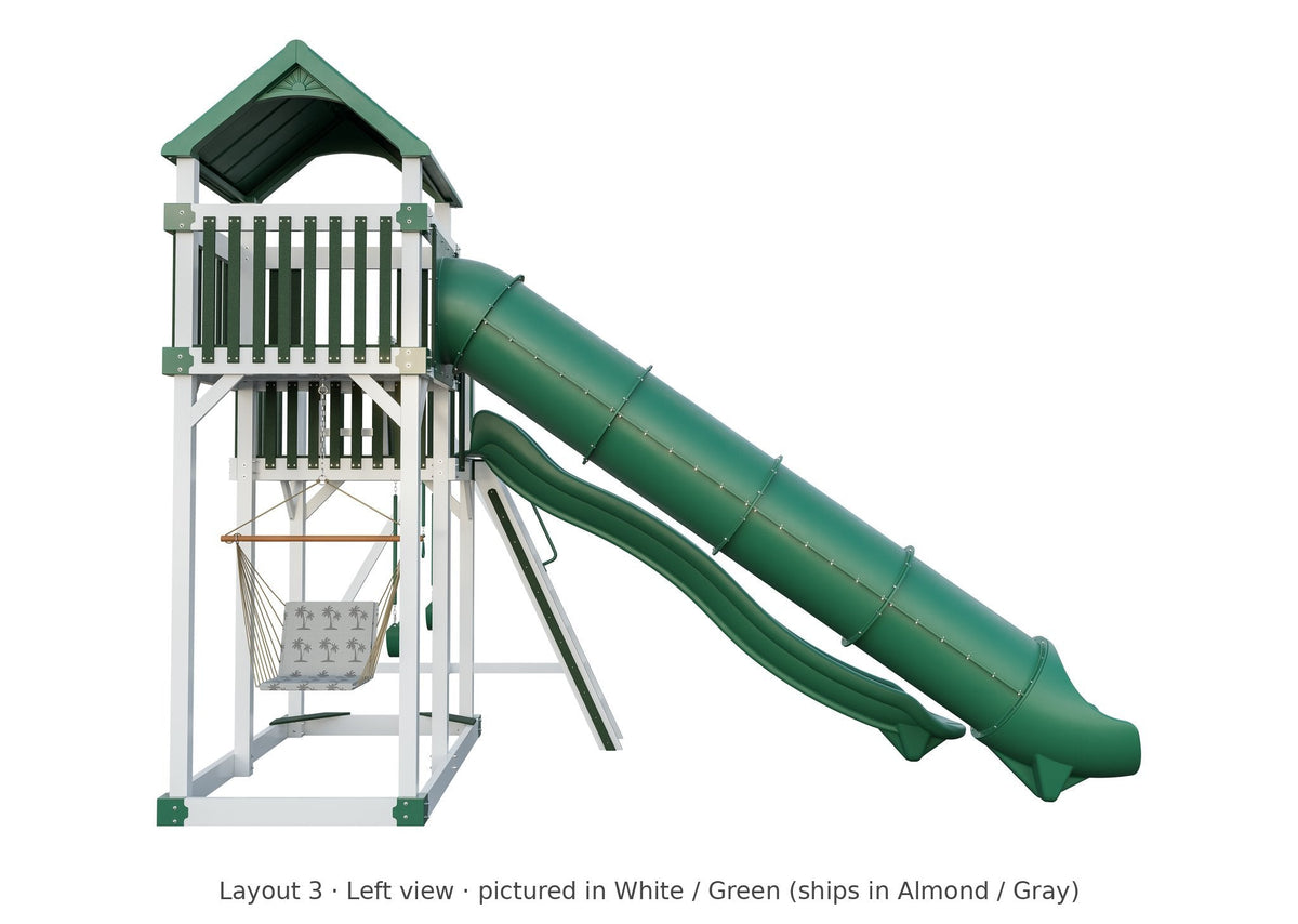 Amish Rambler Peak Vinyl Playset & Swing Set Kit – Layout 3, left view (shown in White with Green accents)