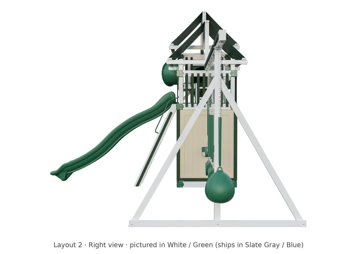 Amish Rambler Peak Vinyl Playset & Swing Set Kit – Layout 2, right view (shown in White with Green accents)