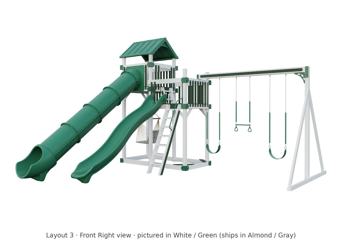 Amish Rambler Peak Vinyl Playset & Swing Set Kit – Layout 3, front right view (shown in White with Green accents)