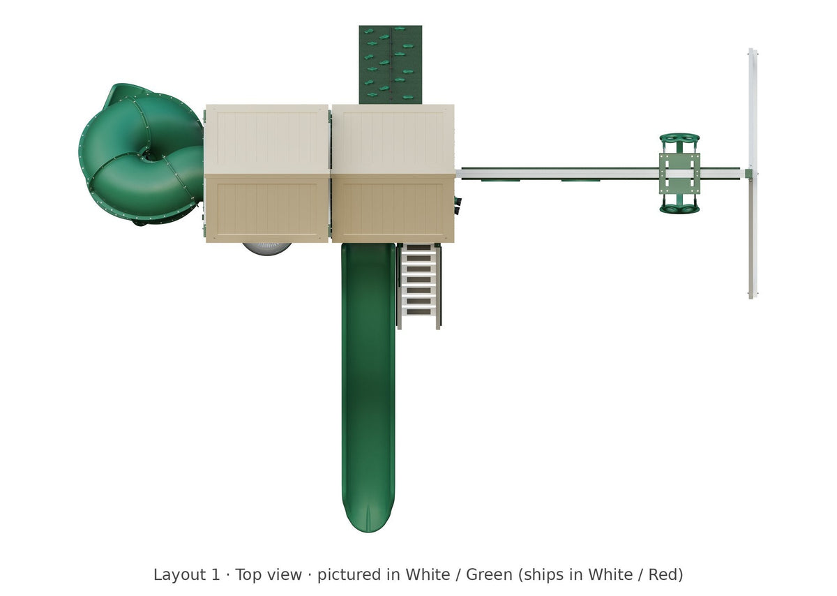 Amish Rambler Peak Vinyl Playset & Swing Set Kit – Layout 1, top view (shown in White with Green accents)