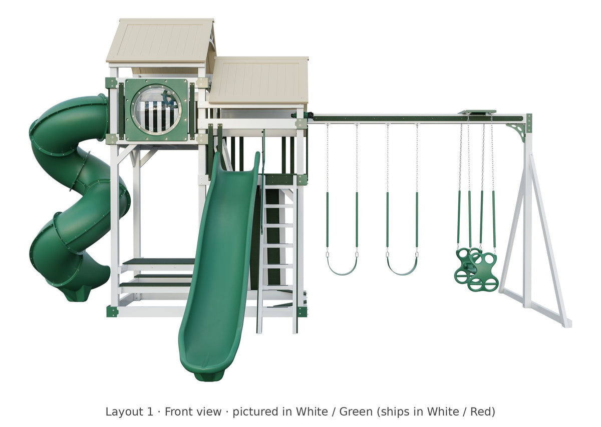 Amish Rambler Peak Vinyl Playset & Swing Set Kit – Layout 1, front view (shown in White with Green accents)
