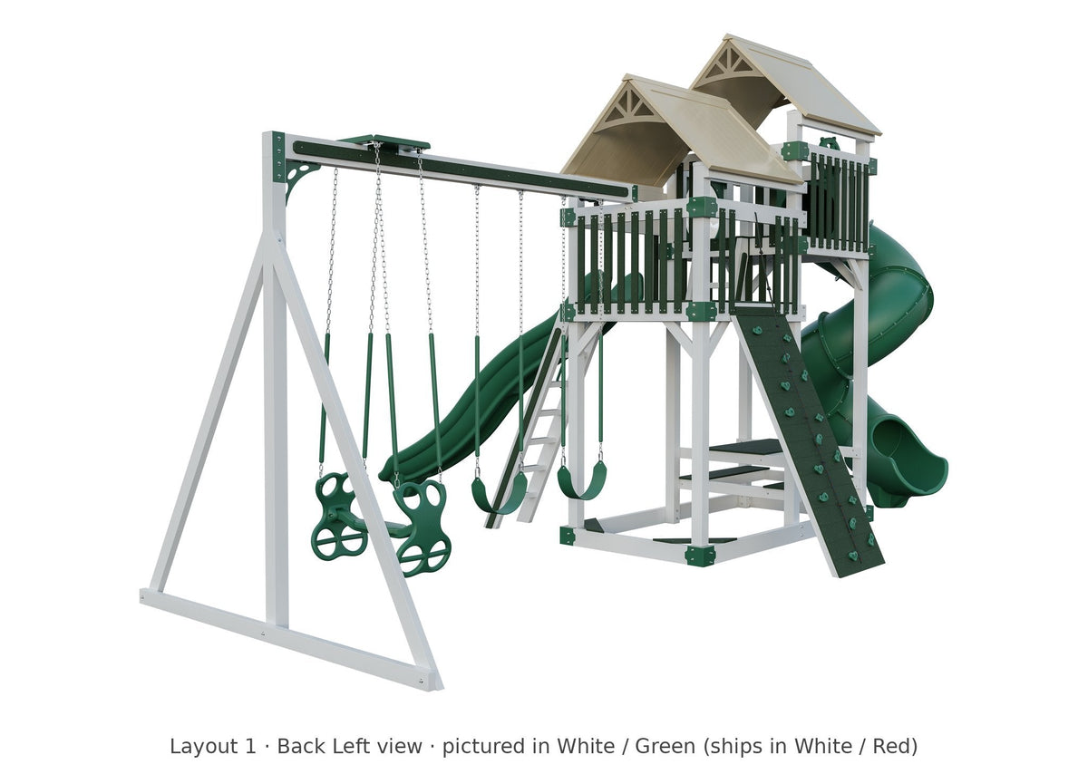 Amish Rambler Peak Vinyl Playset & Swing Set Kit – Layout 1, back left view (shown in White with Green accents)
