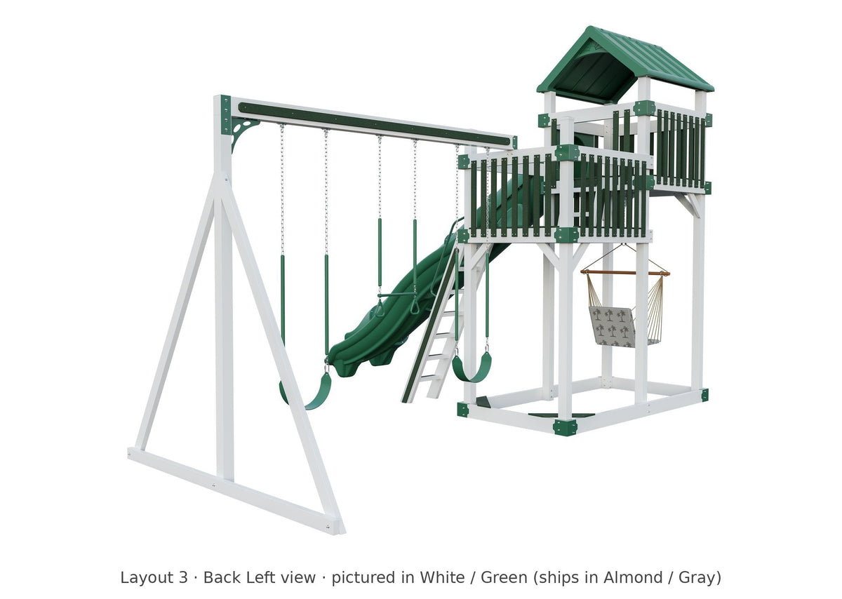 Amish Rambler Peak Vinyl Playset & Swing Set Kit – Layout 3, back left view (shown in White with Green accents)