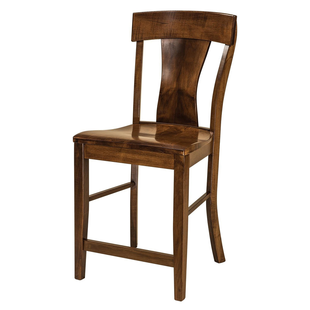 Counter height bar stool in dark maple with a shaped hourglass back panel, curved crest rail, wood saddle seat and footrest rungs