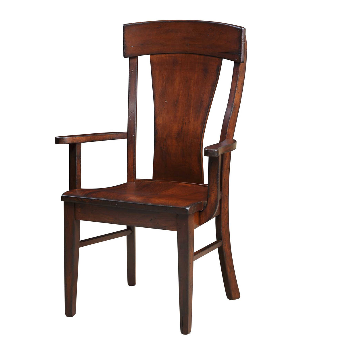 Dark stained dining arm chair with a shaped back panel, flat wood arms and a contoured seat, shown on a white background