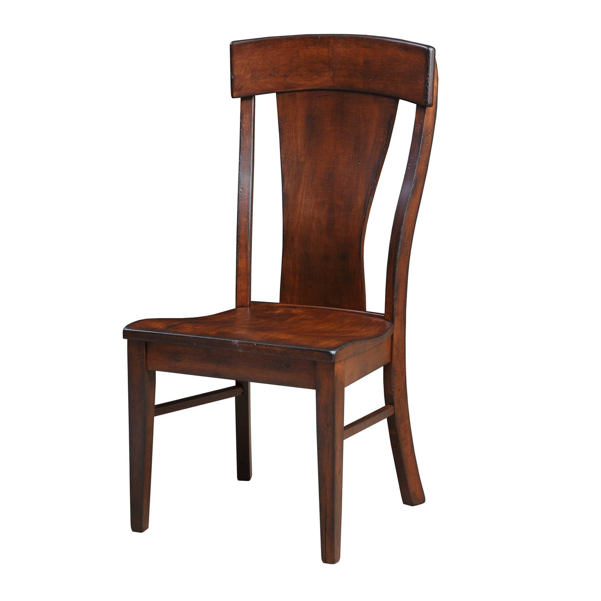 Rustic cherry dining chair with a wide hourglass back splat, scooped solid wood seat and flared rear legs on a white background