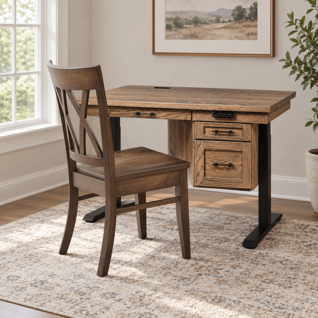 Amish Randolph Modern Wood Single Pedestal Adjustable Standing Desk shown in the home office of a transitional home