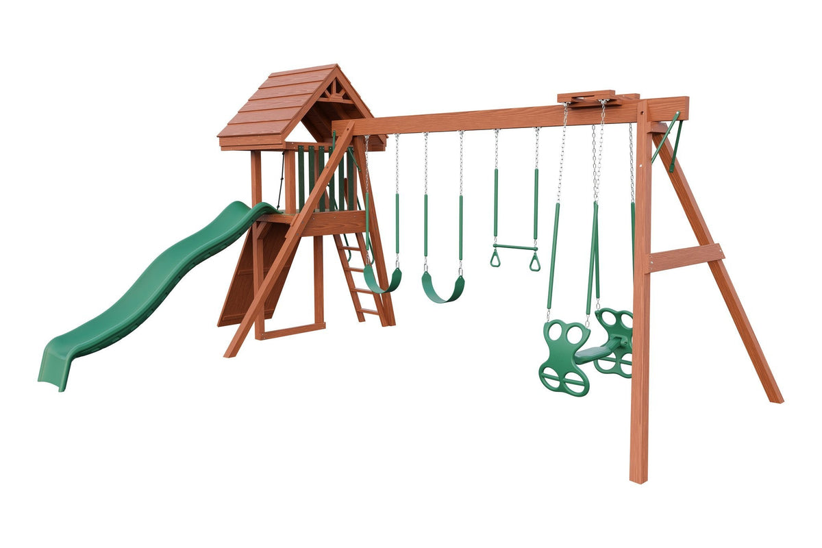 Amish Ranger Wooden Swing Set & Playset Kit – Layout 2, Cedar with Green accents