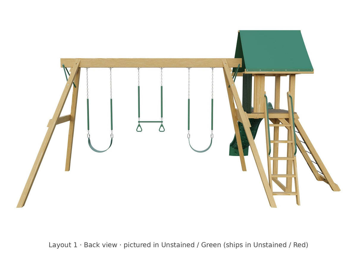 Amish Ranger Wooden Swing Set & Playset Kit – Layout 1, back view (shown in Unstained with Green accents)