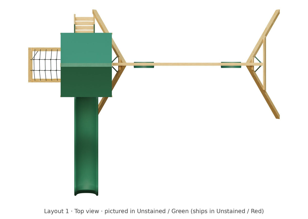 Amish Ranger Wooden Swing Set & Playset Kit – Layout 1, top view (shown in Unstained with Green accents)