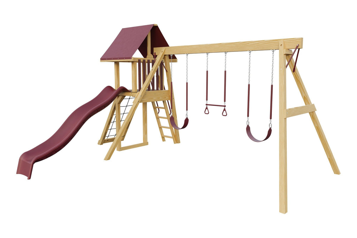 Amish Ranger Wooden Swing Set & Playset Kit – Layout 1, Unstained with Red accents