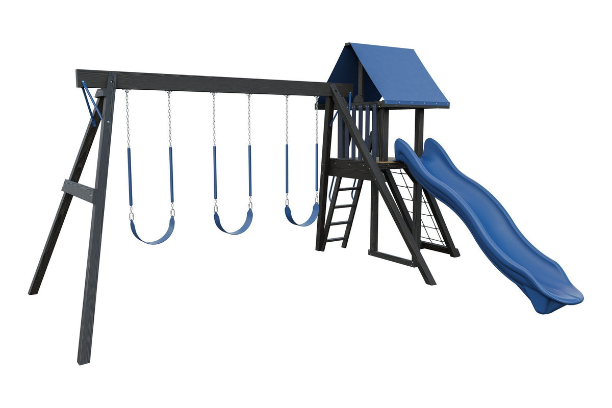 Amish Ranger Wooden Swing Set & Playset Kit – Layout 3, Cinder with Blue accents