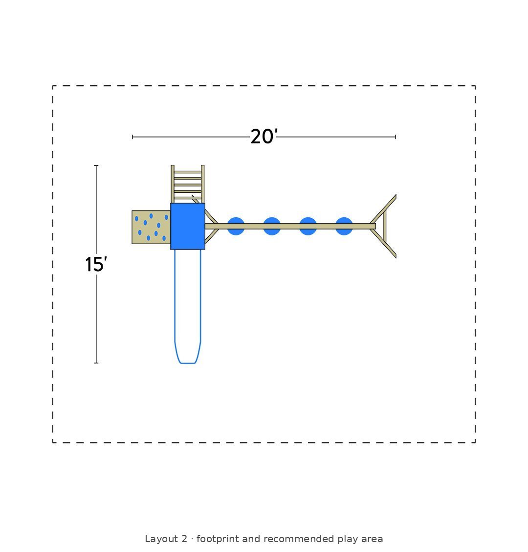 Amish Ranger Wooden Swing Set & Playset Kit – Layout 2 footprint and recommended play area diagram