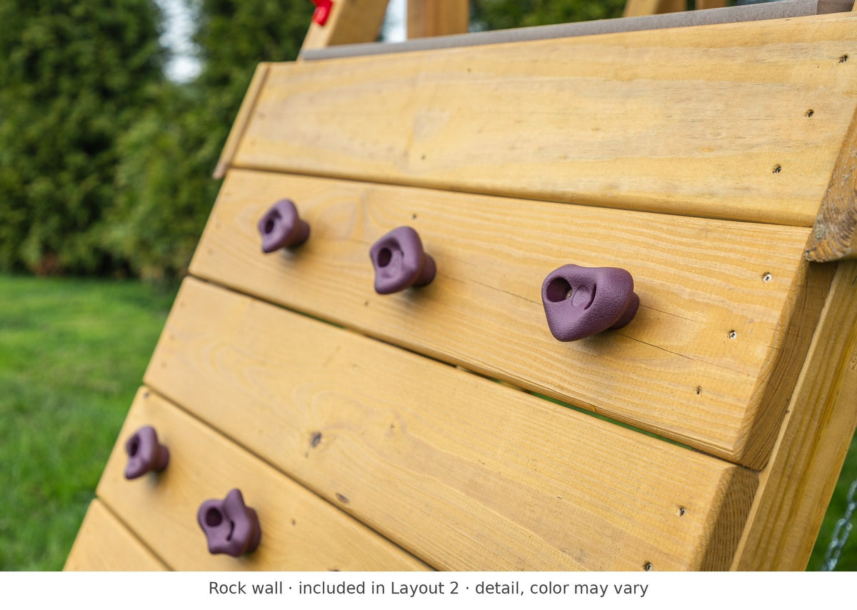 Rock wall detail – included in Layout 2 of the Ranger Wooden Swing Set & Playset Kit