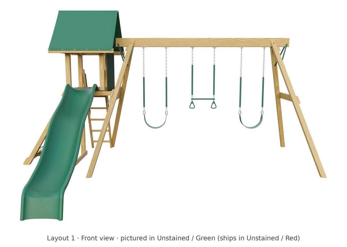 Amish Ranger Wooden Swing Set & Playset Kit – Layout 1, front view (shown in Unstained with Green accents)