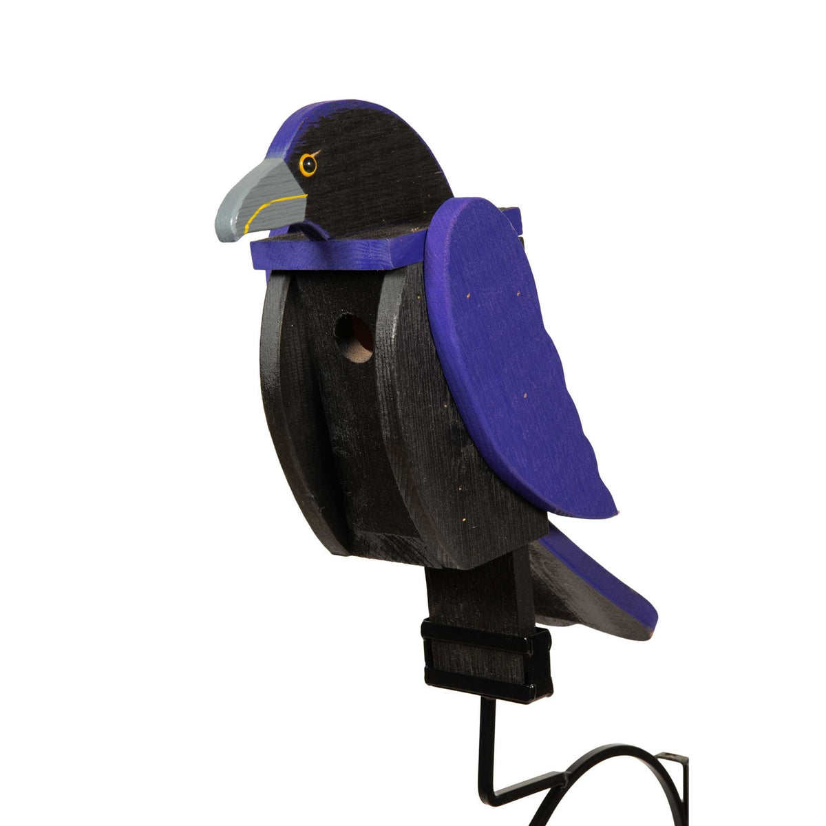 Black and purple wooden raven shaped birdhouse with a round entry hole and hanging bracket