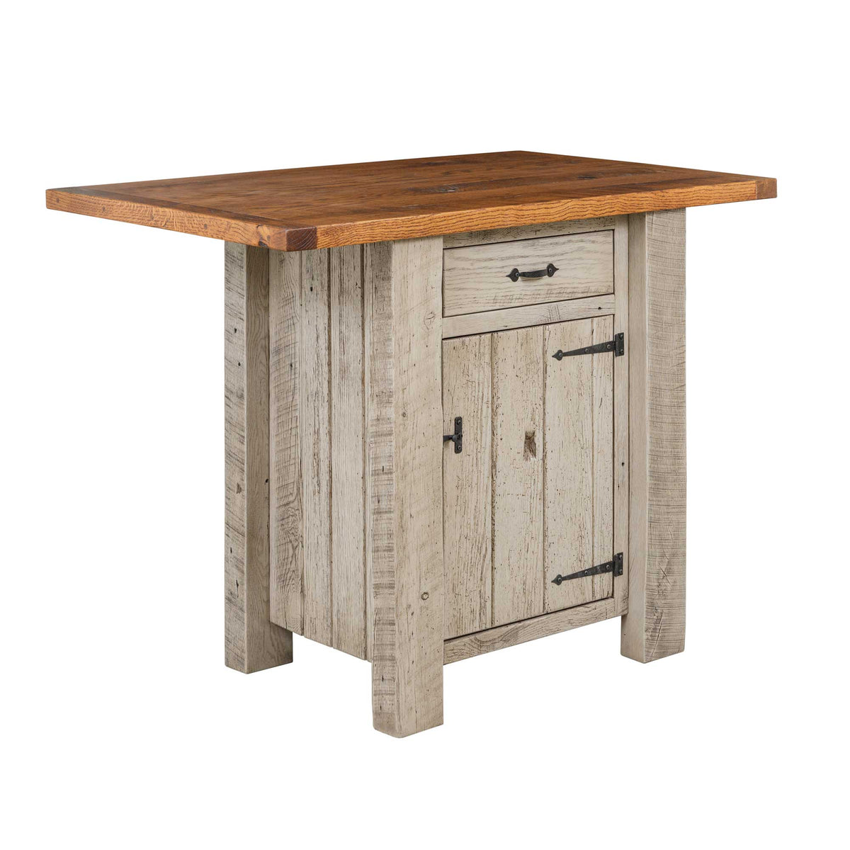 Reclaimed wood kitchen island with a driftwood gray cabinet, single door, drawer and warm stained overhang top