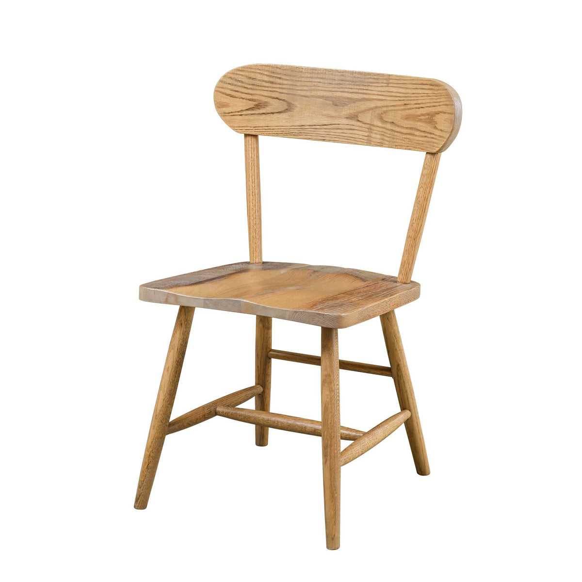 Light oak dining chair with a rounded curved back rail, contoured saddle seat and turned spindle legs