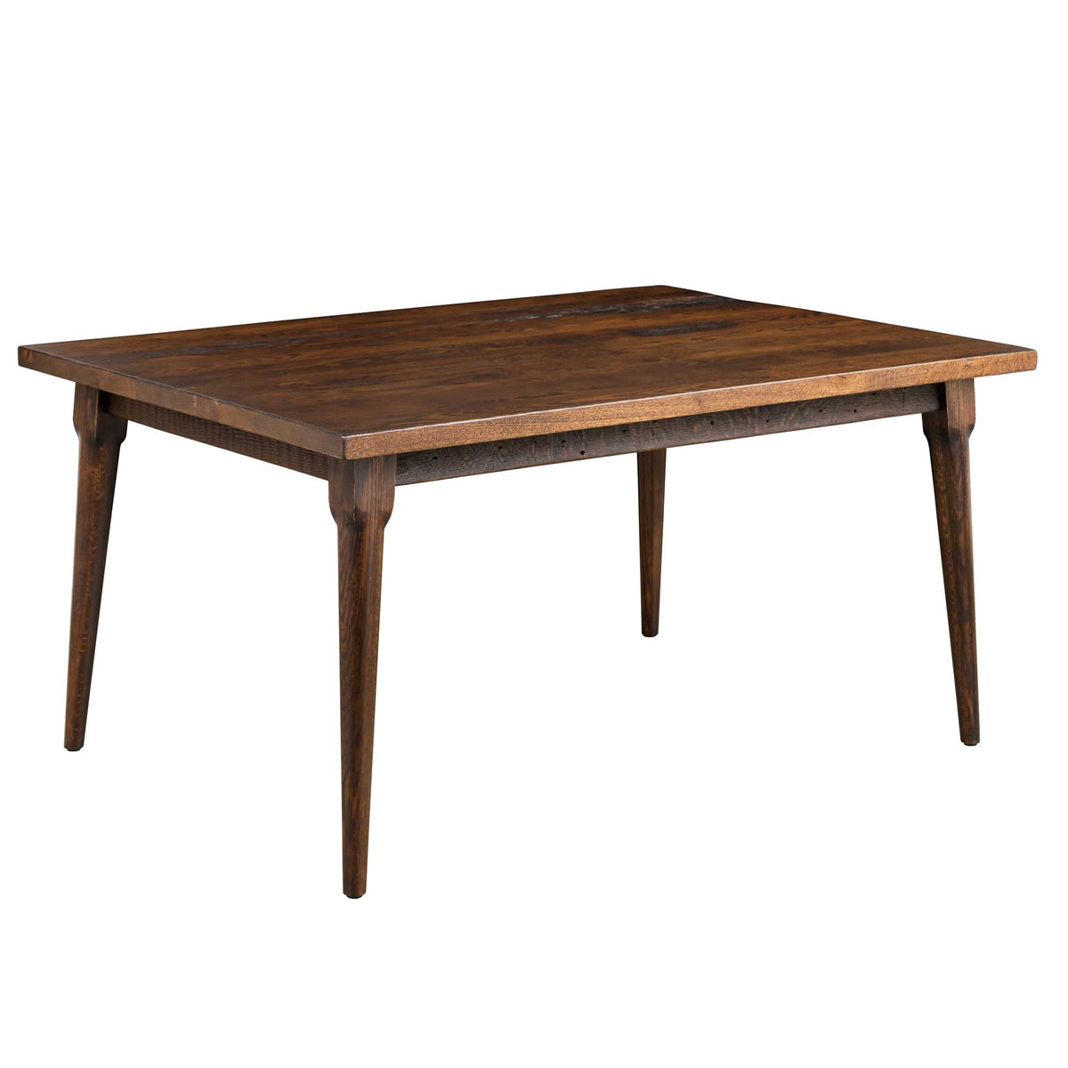 Reclaimed wood dining table with a smooth dark walnut top and slim tapered round legs on white