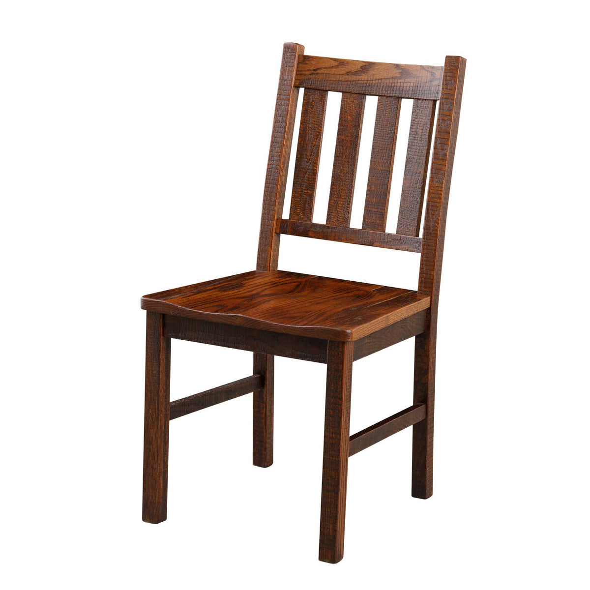 Dark stained reclaimed oak dining chair with three vertical back slats and a scooped plank seat