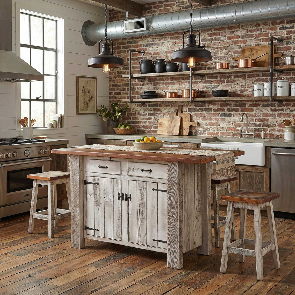 Modern kitchen with brick wall, wooden island, and industrial decor.